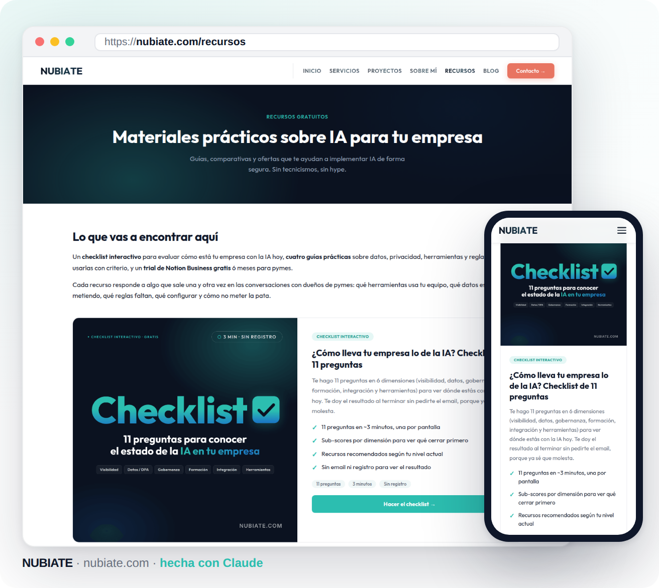 La página de recursos de nubiate.com en el navegador y en el móvil